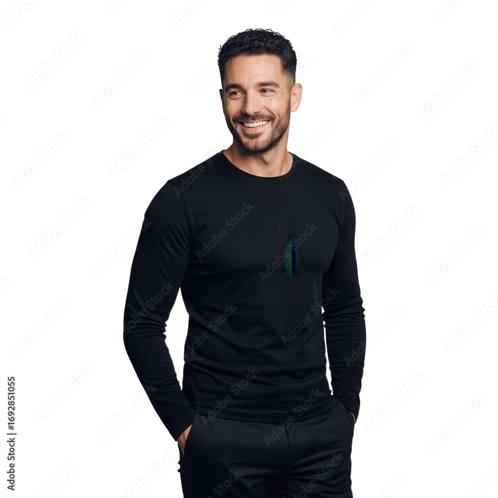 Fototapeta premium Smiling handsome man in black long sleeve shirt confidently posing for camera studio portrait transparent background