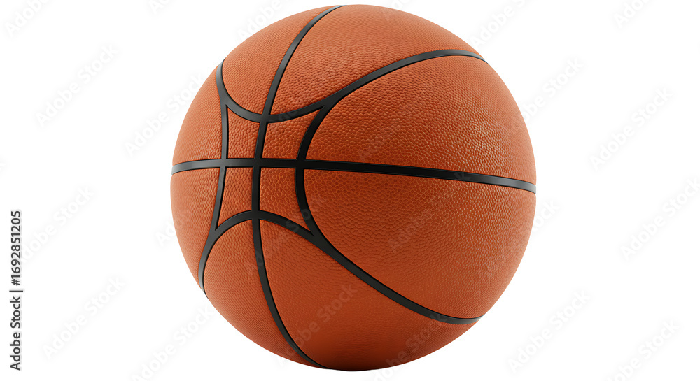 Fototapeta premium A single textured orange basketball with black lines isolated on a black background