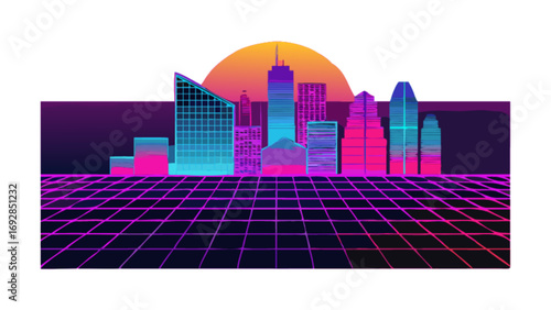 Retro futuristic cityscape at sunset with neon grid
