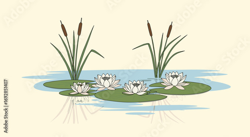 Serene water lilies and cattails flourish in a peaceful pond ecosystem