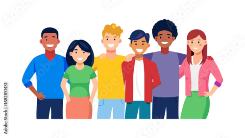 Diverse group of friends standing together with arms around each other
