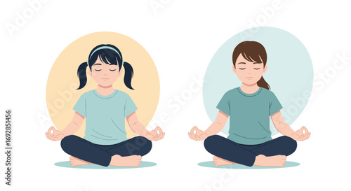 Two children practicing yoga meditation in a peaceful setting promoting inner calm and mindfulness for young minds