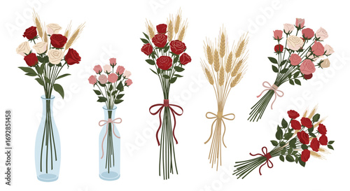 Beautiful bouquet arrangements featuring roses wheat and delicate floral embellishments