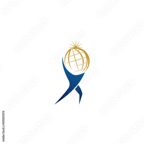 Abstract figure holding a globe with radiating light, representing global reach or success.