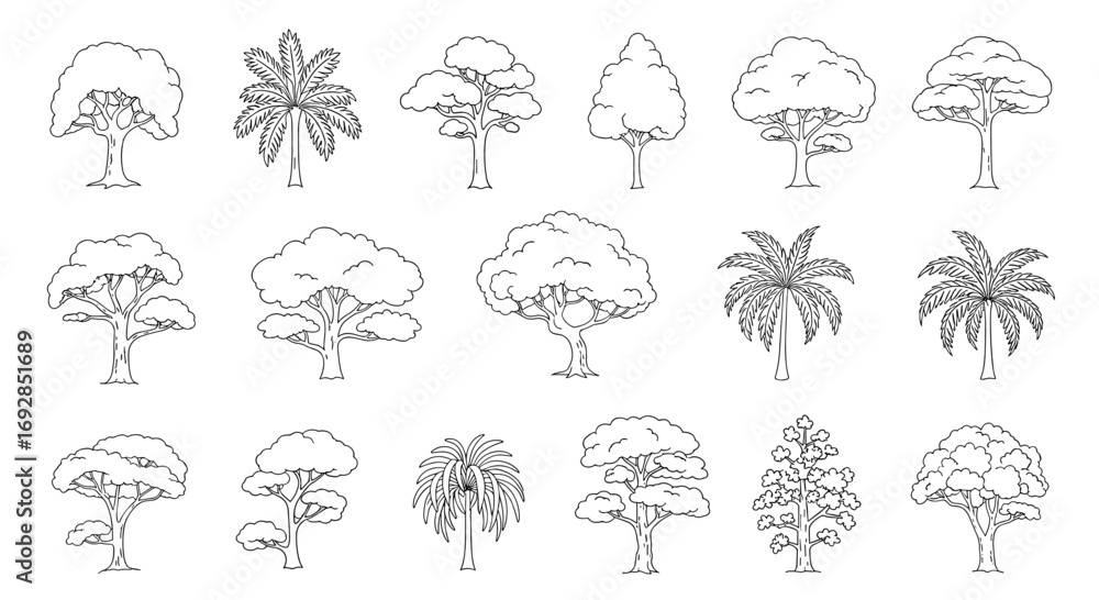 Naklejka premium A collection of diverse tree illustrations for architectural design and landscape planning