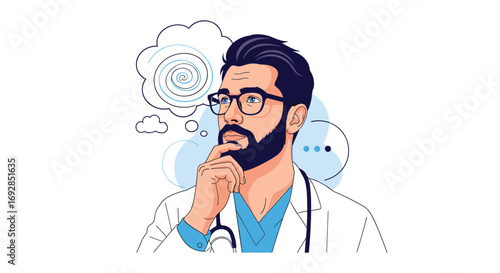 Physician contemplating medical diagnosis with thought bubbles showing complex brain activity and uncertainty