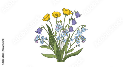 A charming bouquet of wildflowers featuring bluebells buttercups and forgetmenots in gentle bloom