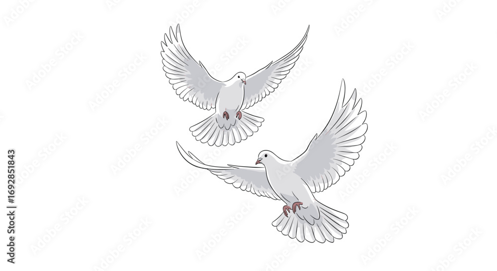 Obraz premium Two peaceful white doves soaring gracefully across a bright sky together