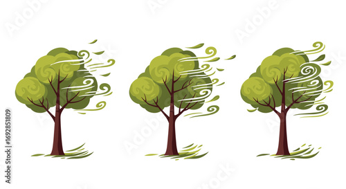Stylized pixel art trees swaying in strong gusts of wind illustrating nature's force