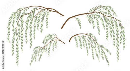 Four sets of weeping willow tree branches with long green leaves that droop downwards creating a delicate flowing effect