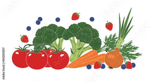 A vibrant assortment of fresh garden vegetables and berries