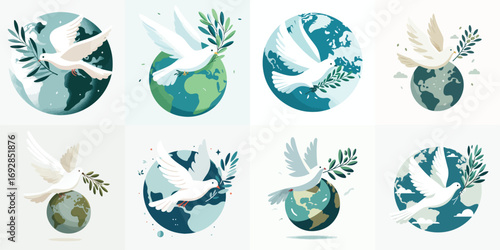 A dove carrying an olive branch flies over the earth (Day of Peace). Vector, illustration, icon set