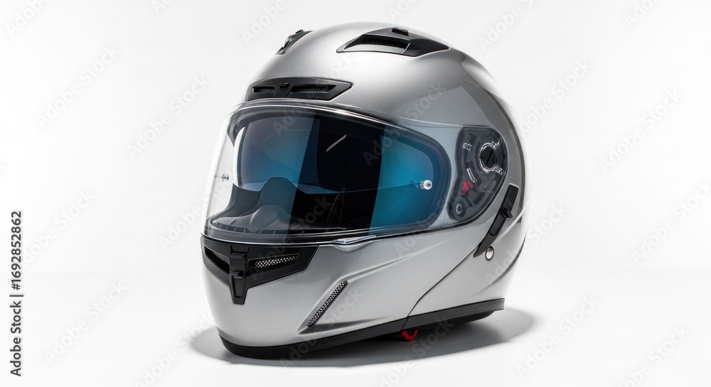 Fototapeta premium Sleek silver motorcycle helmet angled, visor down