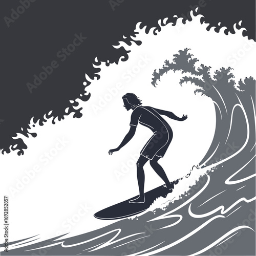 Monochrome silhouette of a surfer riding a dynamic wave capturing the essence of extreme sports and ocean adventure