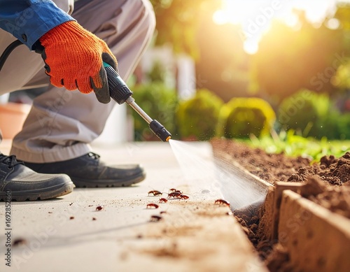 A pest control worker spraying termite treatment	
