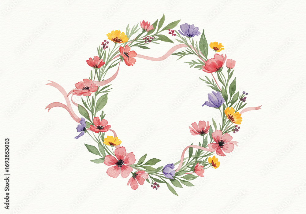 Fototapeta premium Elegant floral wreath with watercolor flowers and ribbon creates a delicate, charming frame element
