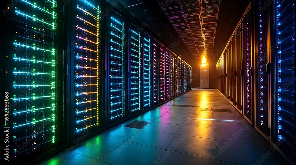 Fototapeta premium A data center hallway showcases server racks with colorful illumination
