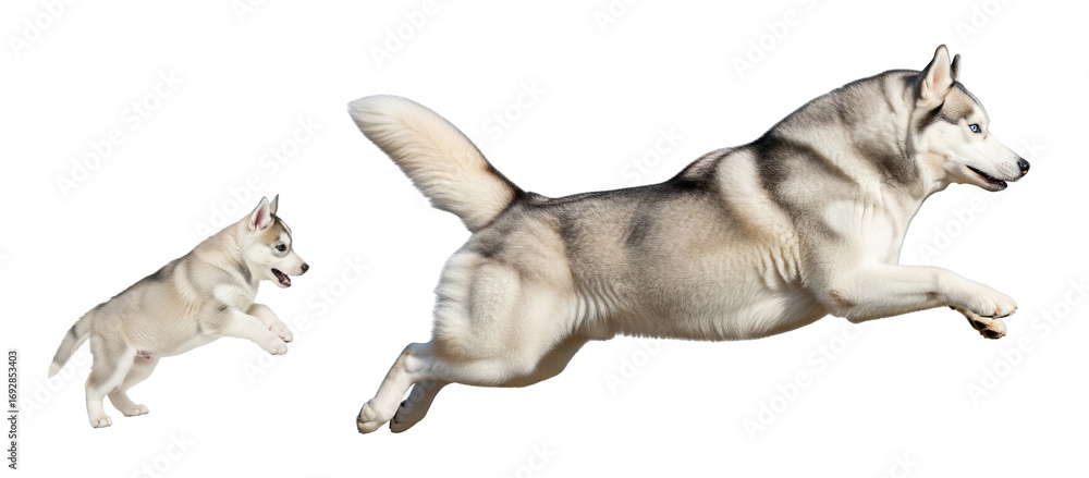 Fototapeta premium An adult Siberian Husky leaps joyfully while a playful puppy watches nearby. Both dogs showcase their vibrant fur and energetic spirit in a friendly display of companionship.
