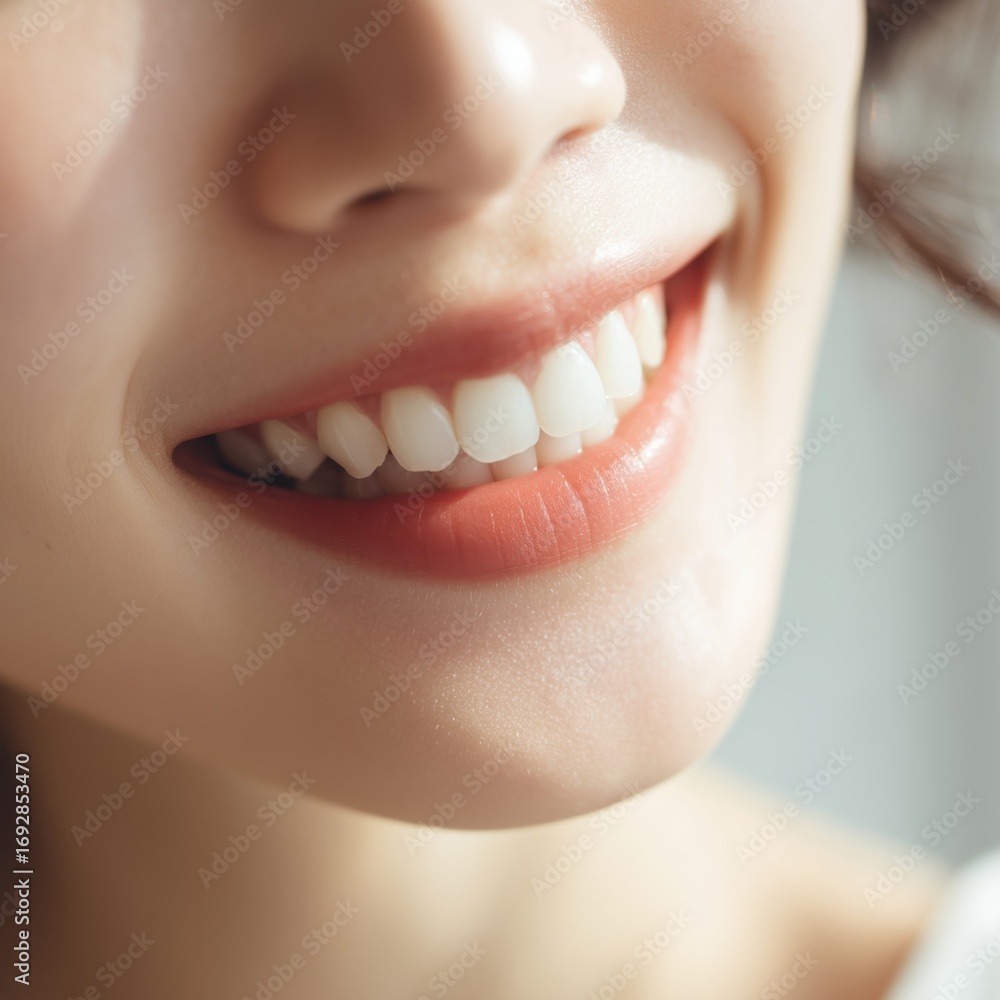 Obraz premium Close Up of Smiling Woman’s Mouth Showing White Teeth