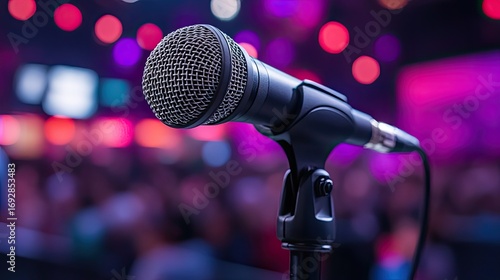 Close-up microphone at a lively concert venue