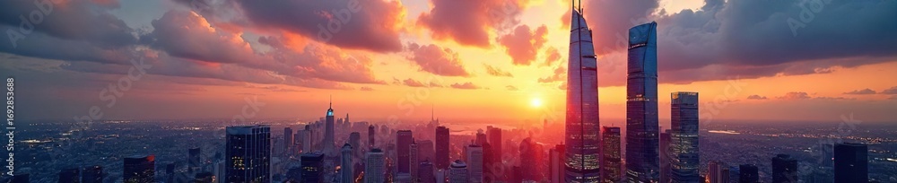 Fototapeta premium Sleek modern skyscraper office building reflecting the city skyline at sunset Glass facade, urban architecture, corporate headquarters, business district , commercial, horizon