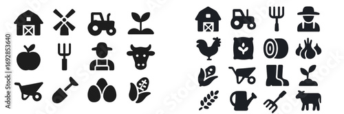 Farm-themed icons representing various agricultural elements, tools, and animals in a simple black and white design