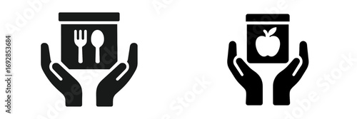Hands holding food containers representing healthy eating and balanced nutrition in a minimalist style