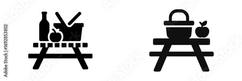 Picnic symbols featuring food items on a picnic table with containers representing outdoor dining experiences and gatherings