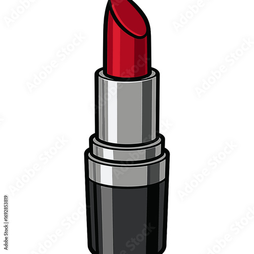 Ruby Kiss: A captivating close-up displays a vivid red lipstick, presenting a glamorous view of the makeup with its sleek silver casing