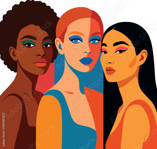 This stunning beauty portrait showcases three diverse models wearing vibrant makeup set against bold backgrounds, celebrating individuality and artistic expression in fashion photography