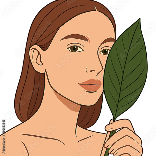 A close‑up portrait of a young woman holding a green leaf, showcasing a flawless female face with natural makeup, and promoting skincare, wellness, and cosmetics in an eco‑friendly, health‑focused