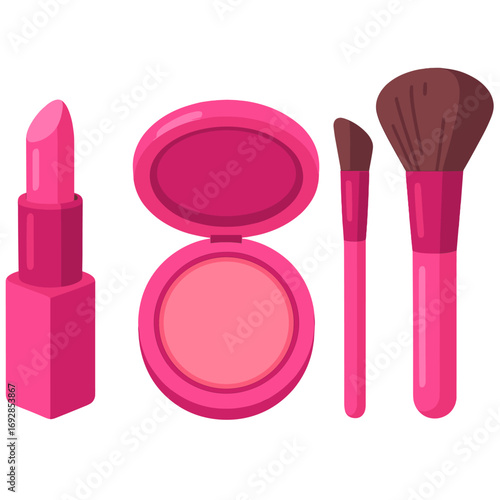 A set of pink makeup products—lipstick, blush, and brushes—displaying essential beauty items in a vivid 3D design