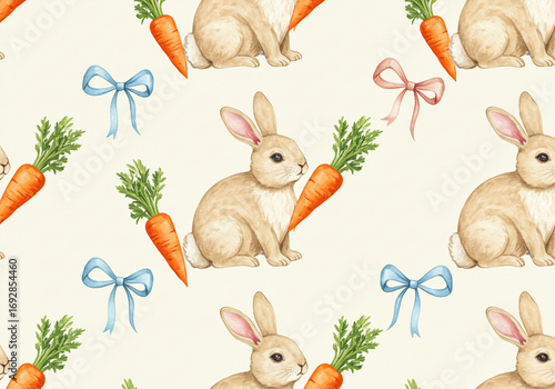 Sweet watercolor pattern with bunnies, carrots, and ribbons adds a charming touch to any springtime project