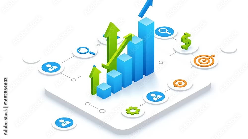 Isometric Business Growth Animation with Rising Bar Chart and Connected ...