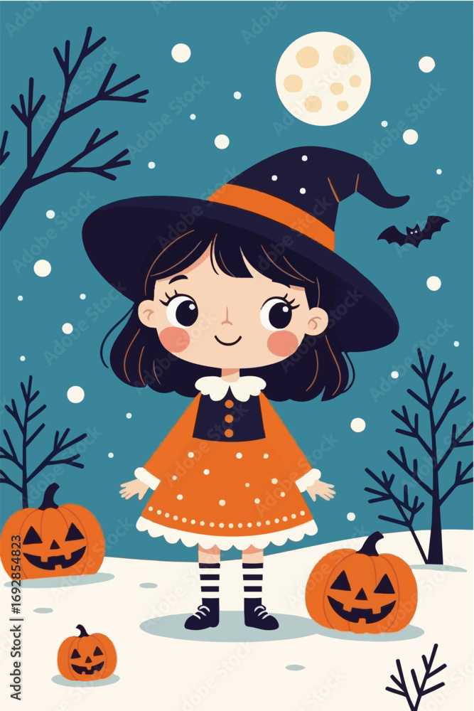 Fototapeta premium Cute Little Witch Wearing Orange Dress and Hat with Pumpkins and Moon