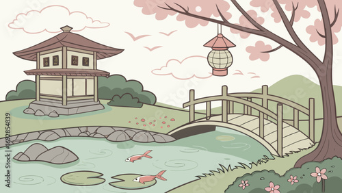 Tranquil japanese garden with pagoda and koi pond