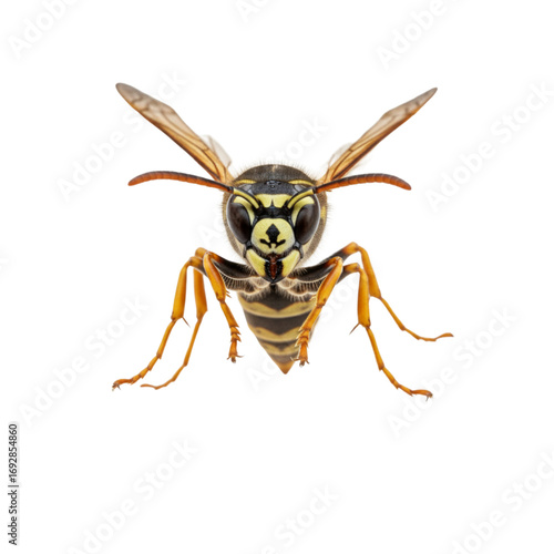 Detailed close up of a yellow jacket wasp on a white background