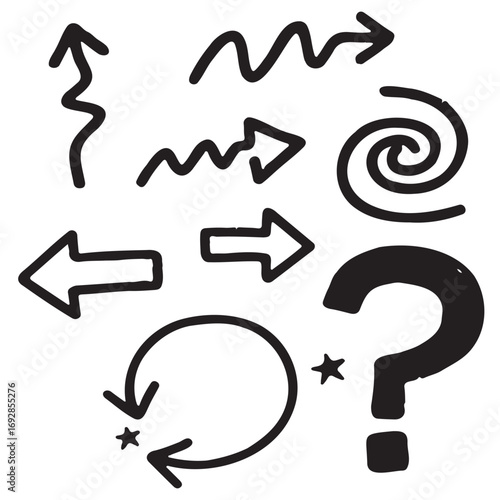 Handdrawn arrow and symbol collection a whimsical set of doodlestyle arrows, spirals, and a question mark for creative and informal designs