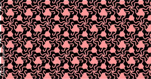 Pink and black seamless abstract pattern with curvy interlocking shapes, forming a playful decorative background.