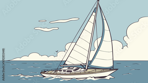 Sailboat gliding through blue ocean waters under a cloudy sky