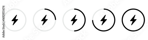 Electricity icon set collection. Battery percentage, circle, electricity. Black color style and transparent background. Vector illustration.