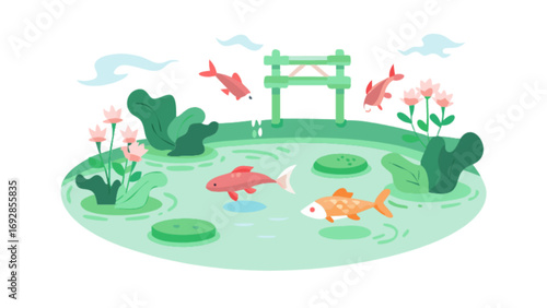 Serene koi pond with pink flowers and green bridge