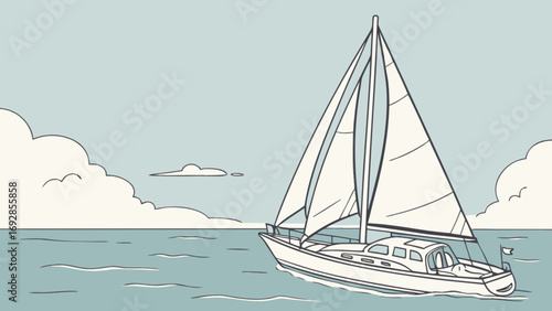 Sailboat glides across calm blue waters under cloudy sky