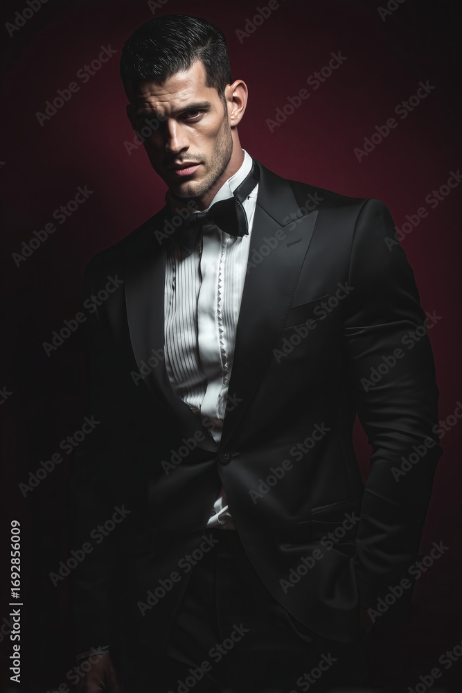 Fototapeta premium Mafia billionaire bad boy in black tuxedo on dark burgundy background A tall muscular man with sharp features poses in a perfectly tailored tuxedo