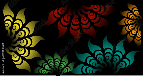 Floral abstract pattern with glowing multicolored petals on black background, creating a luminous decorative effect.