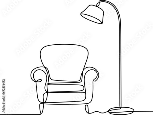 Continuous line art illustration of an armchair and floor lamp for home interior design