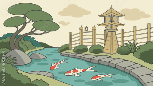 Tranquil japanese garden scene with koi fish and stone lantern