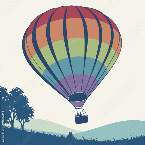 Silhouette of a vibrant hot air balloon ascending against a colorful rainbow arc