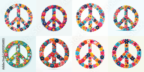 Peace sign symbol made of flowers (peace day). Vector, illustration, icon set