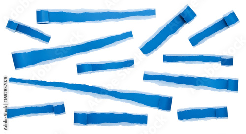 Blue ripped paper torn edges strips isolated on white